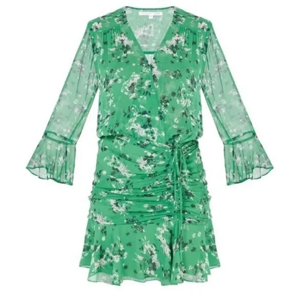 Veronica Beard Sean Floral-print Silk Dress Green Multi Ruched Bell Sleeves 8 - Picture 4 of 15